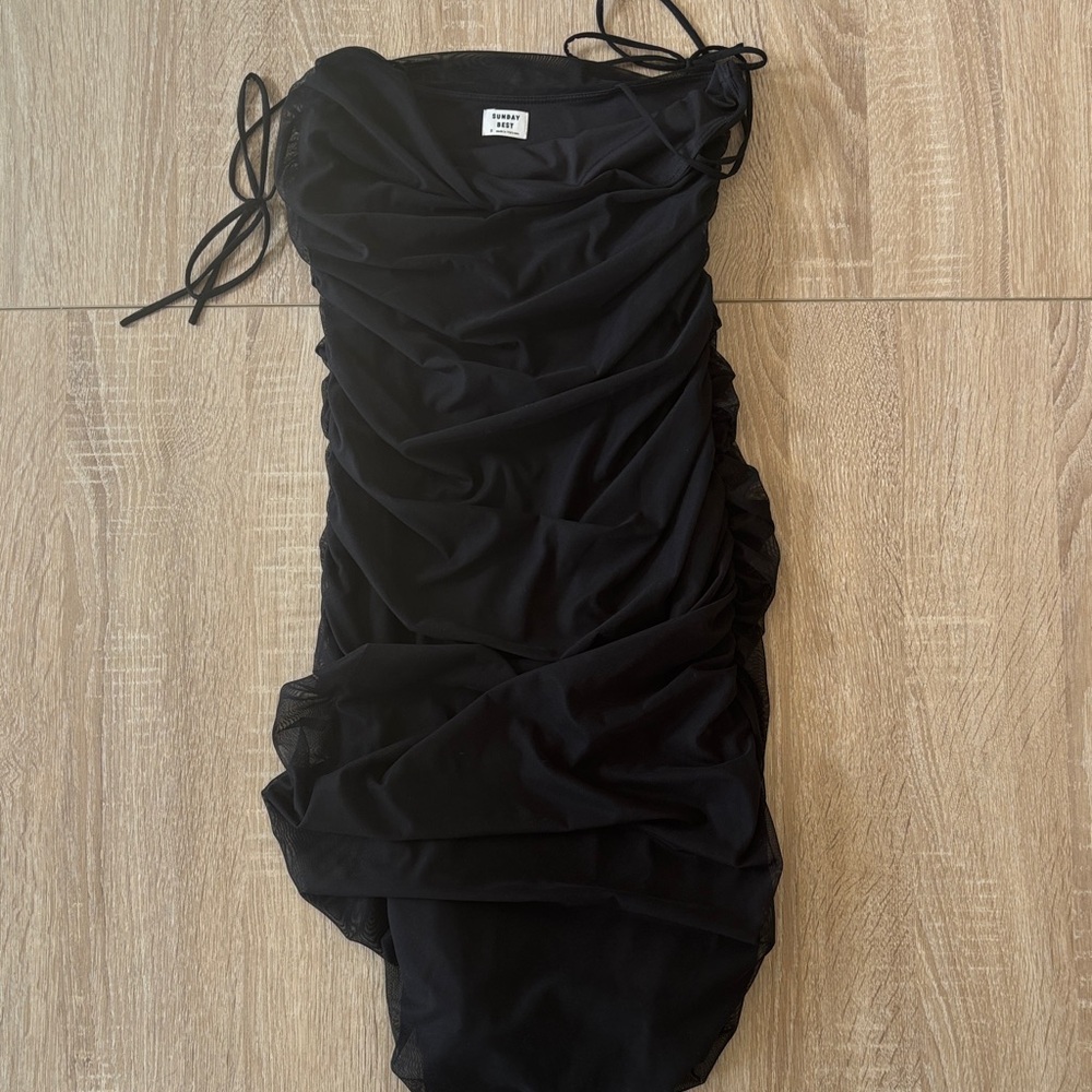 Sunday Best Black Ruched Dress with Tie Straps
